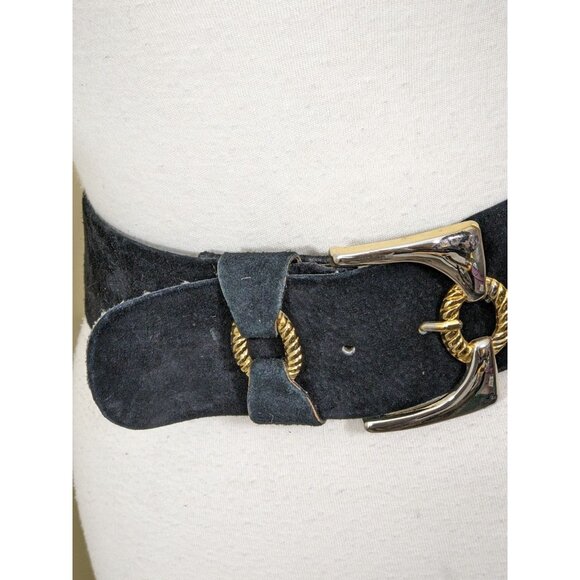Vintage Womens Leather Belt Black Velvet Upper 28 in- 32 in Gold Buckle Med Wide - Picture 3 of 6